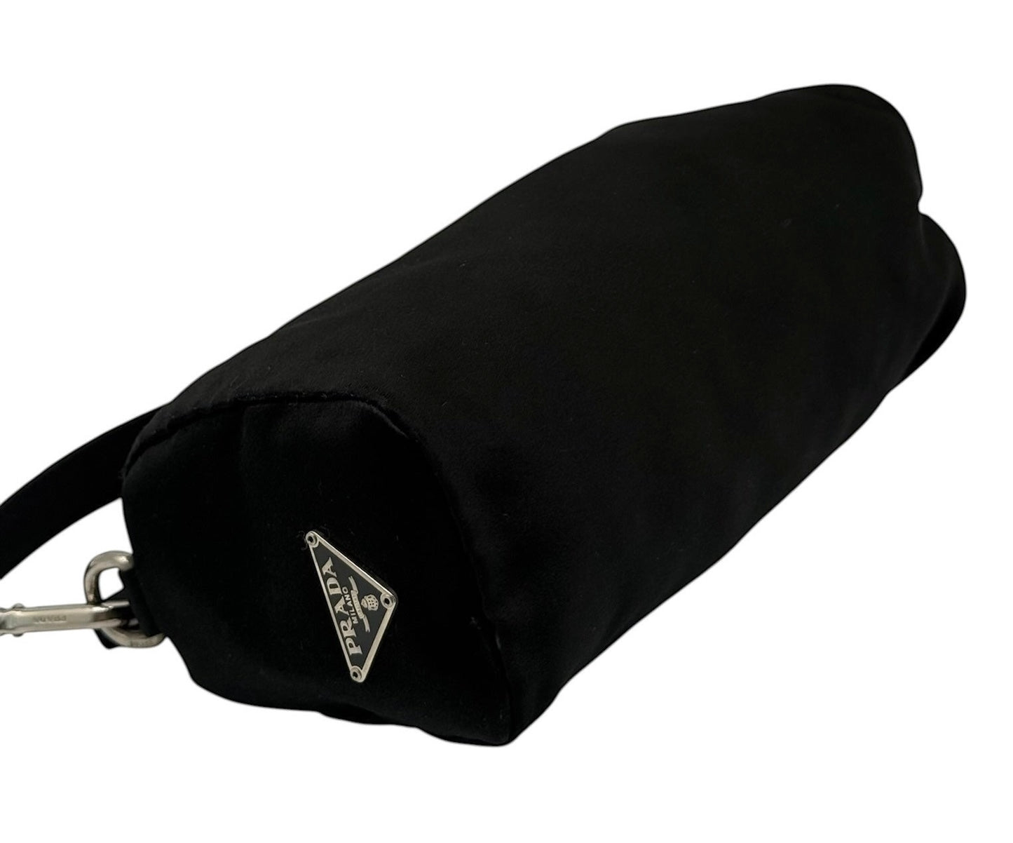 Prada Vintage Black Satin Barrel Mini Pochette Evening Bag