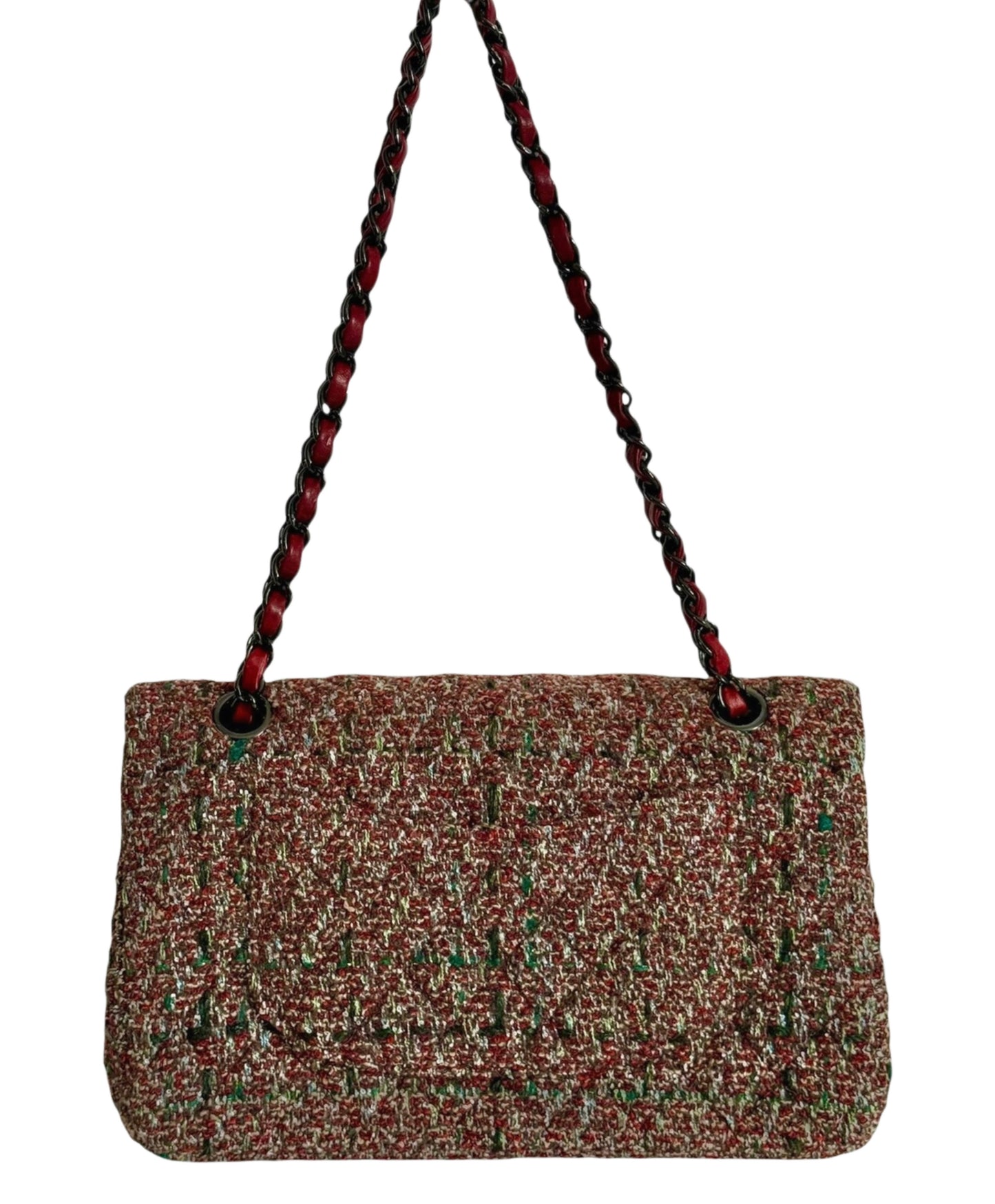 Chanel Multicolor Burgundy Tweed Classic Medium Double Flap Bag with Ruthenium Hardware