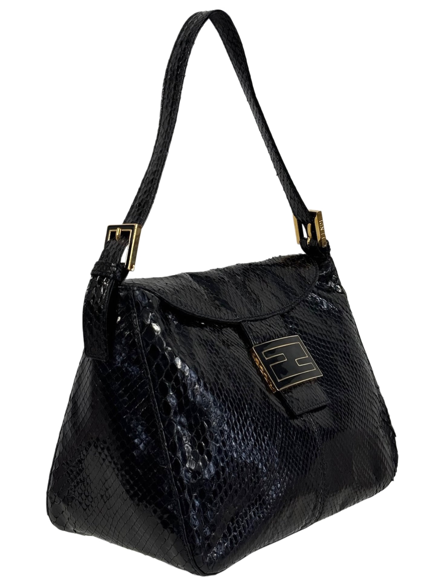 Fendi Vintage Black Snakeskin Double Flap Small Hobo Shoulder Baguette Bag