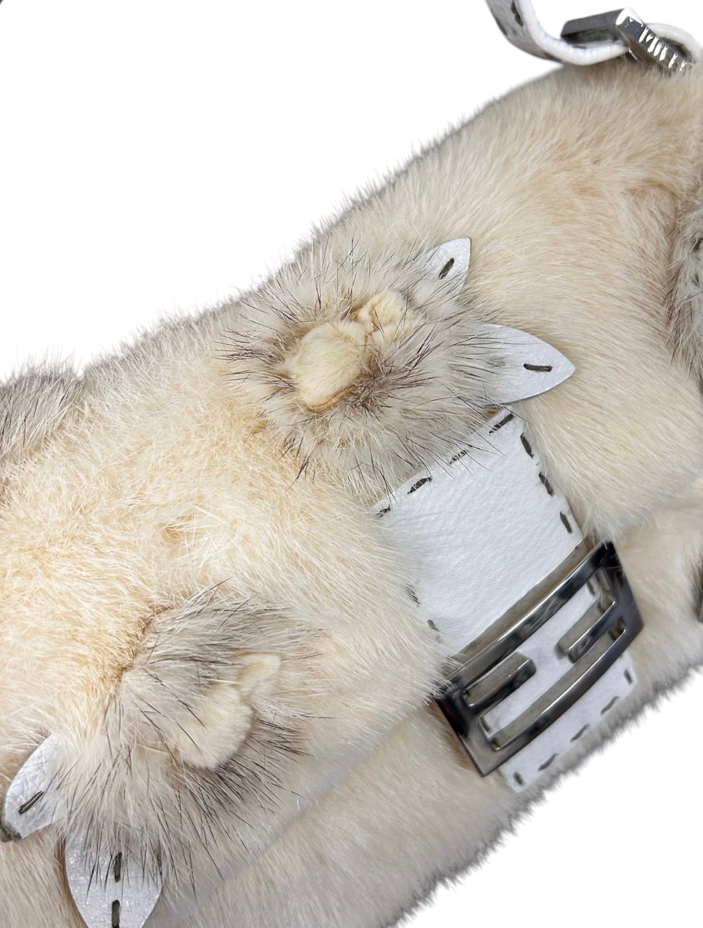 Fendi Vintage Ivory Rabbit Fur Selleria Leather Trim Shoulder Baguette Bag with Rose Details