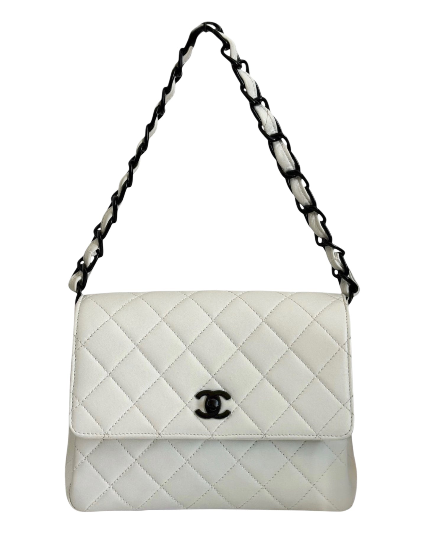 Chanel Vintage 90s White Quilted Lambskin Medium Square Flap Shoulder Bag with So Black Hardware - Retouched