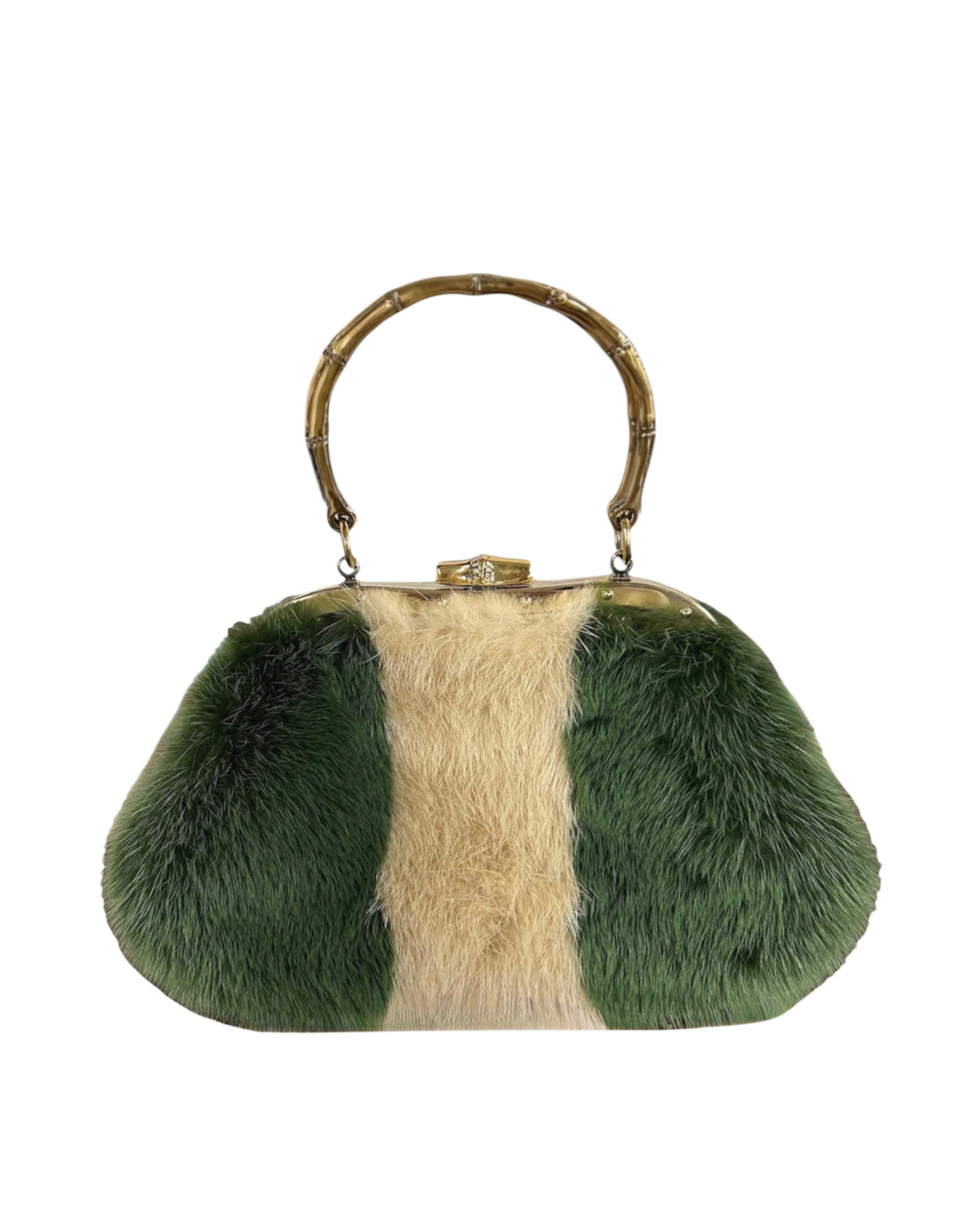 Gucci by Tom Ford Vintage Green & White Mink Fur Metal Bamboo Handle Top Handle Evening Bag