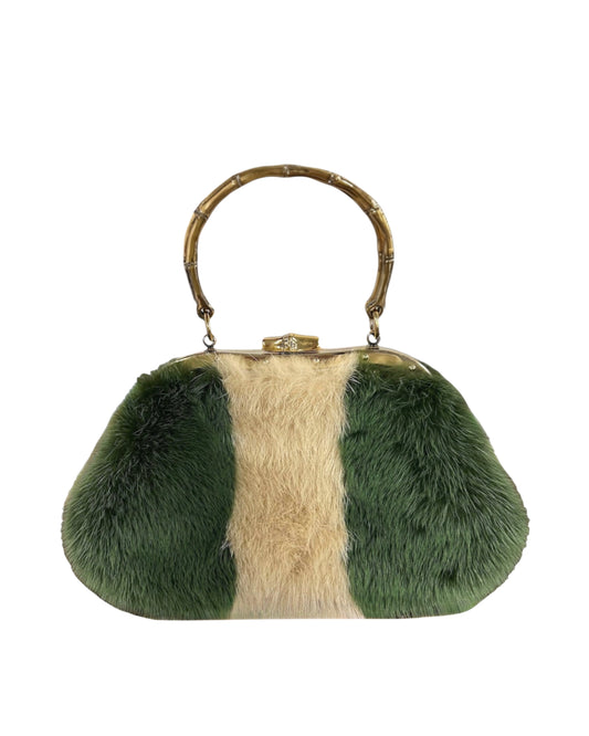 Gucci by Tom Ford Vintage Green & White Mink Fur Metal Bamboo Handle Top Handle Evening Bag