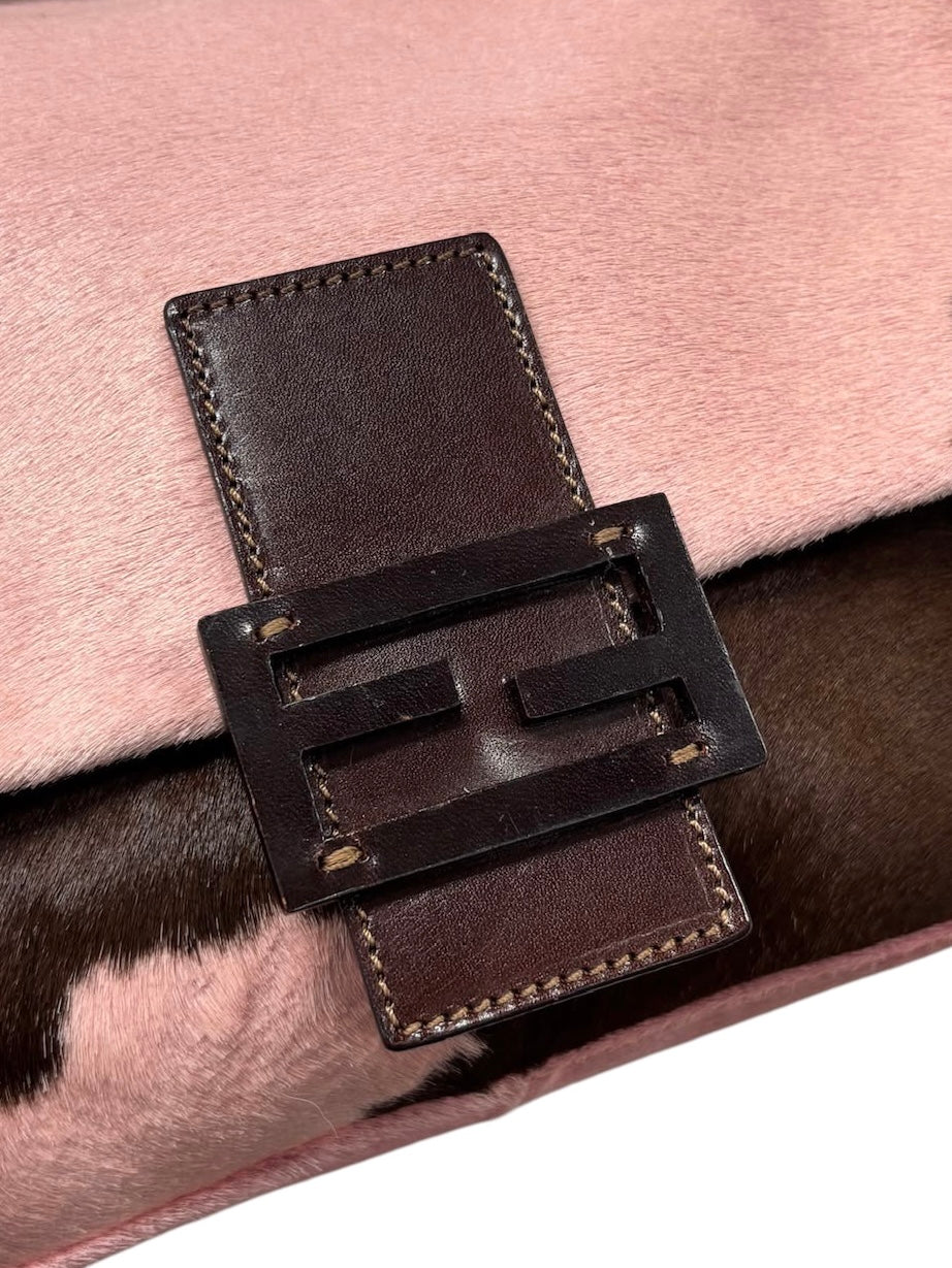 Fendi Vintage Pink & Brown Cow Print Pony Hair Mamma Baguette Shoulder Bag