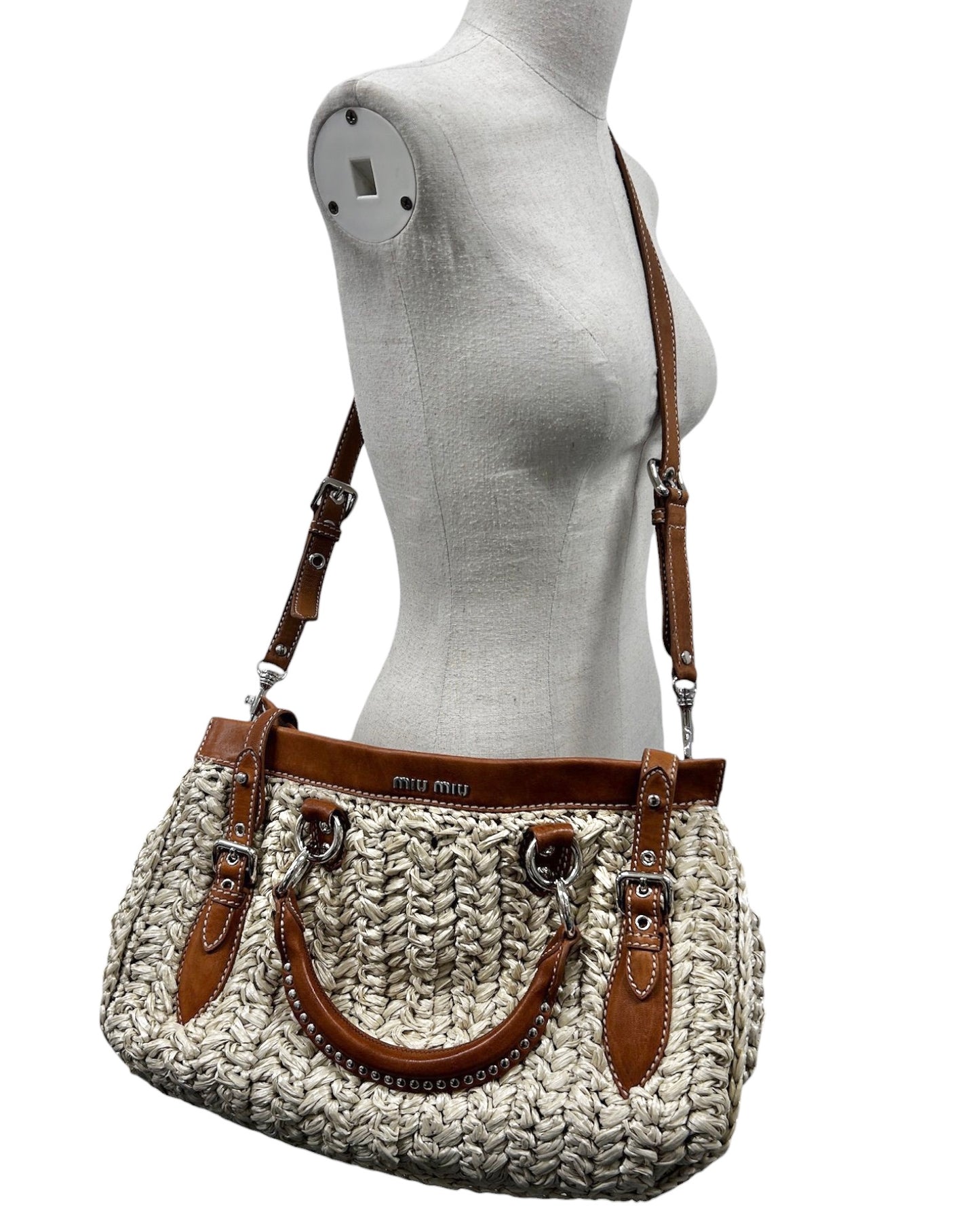 Miu Miu Vintage Beige Woven Raffia Brown Leather Trim Two-Way Shoulder Bag