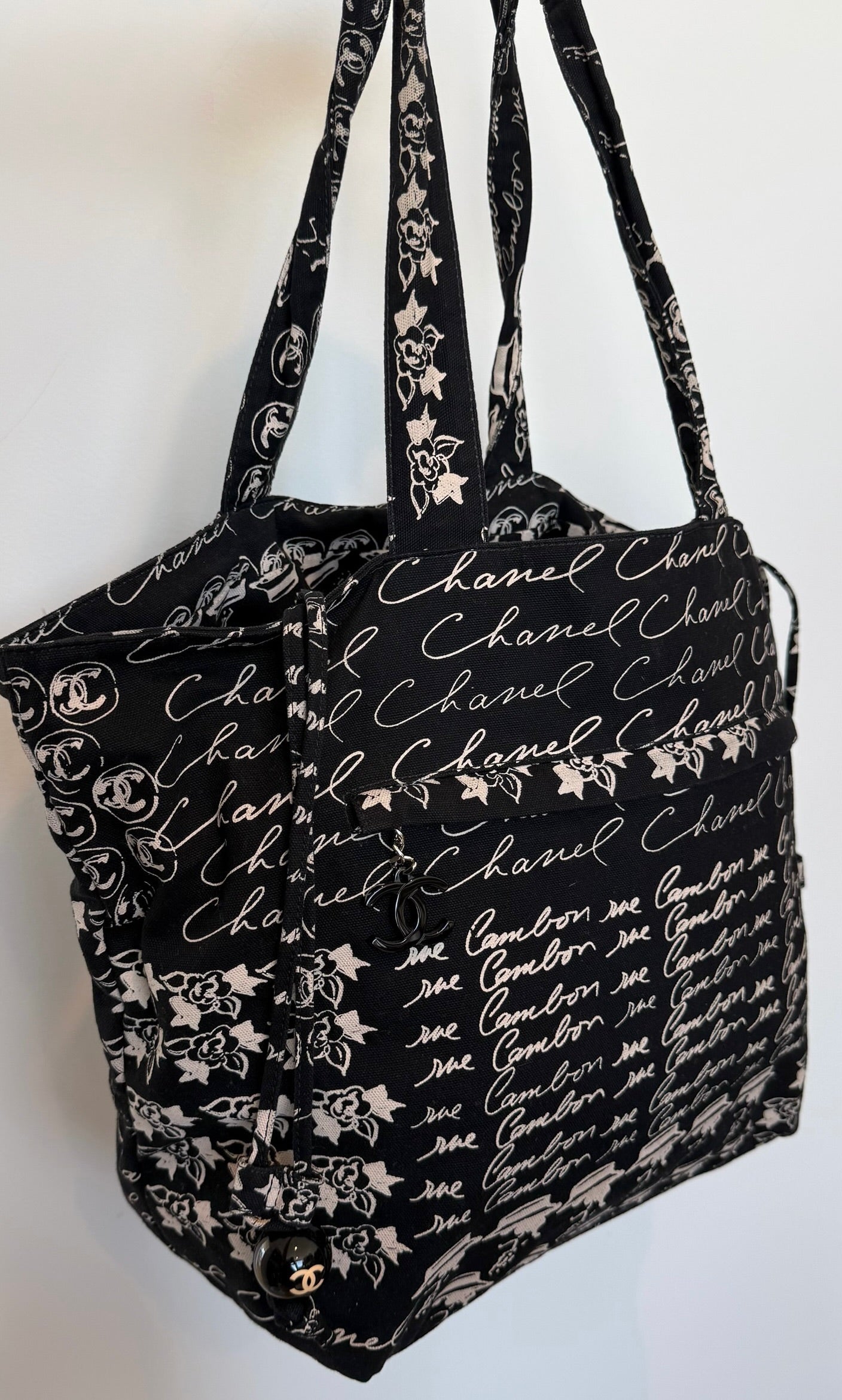 Chanel Vintage 00s Black Canvas Coco Cambon Logo Tote Shoulder Bag