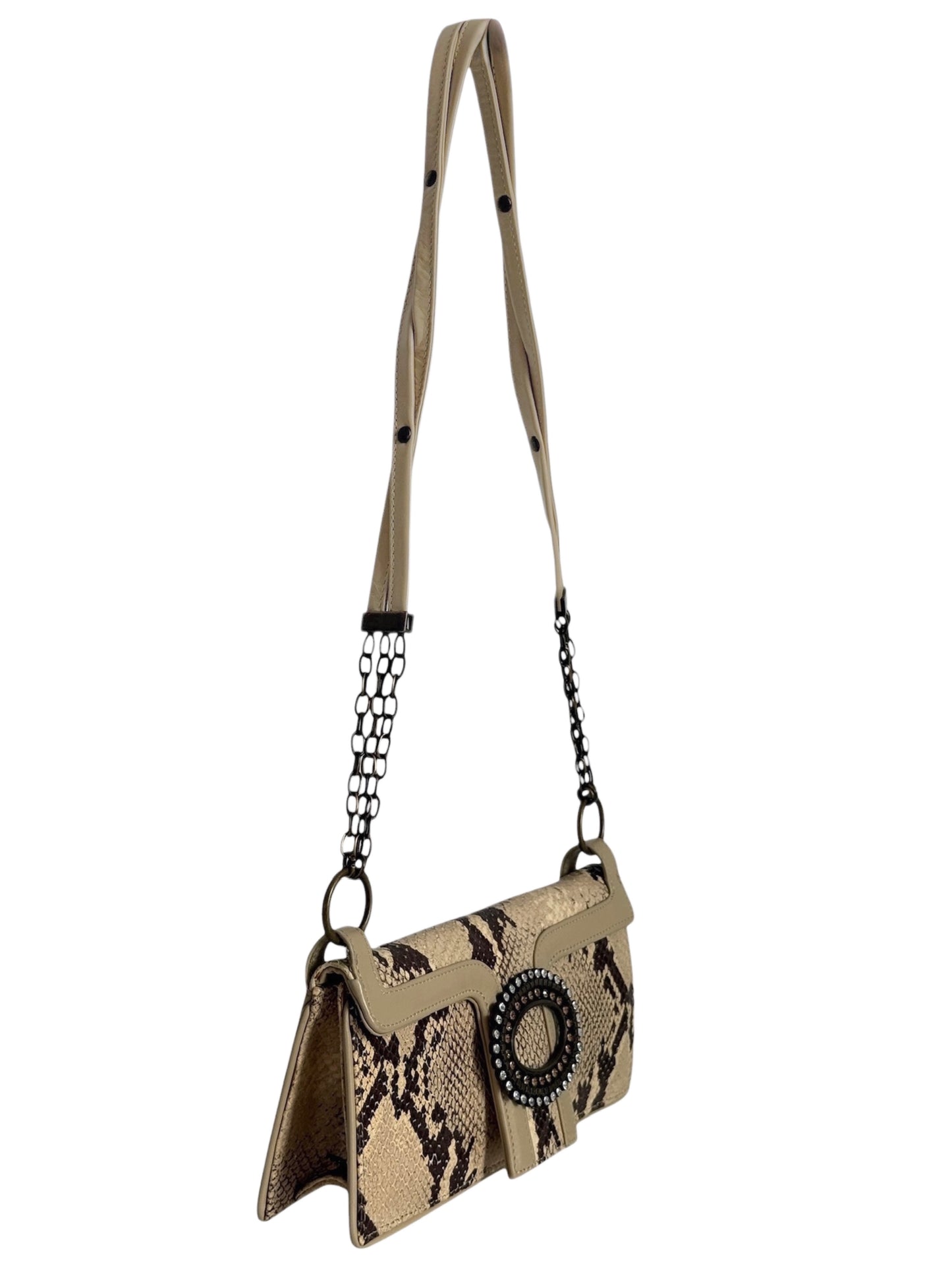 Dolce & Gabbana Vintage Beige Python Leather Crystal Clasp Shoulder Evening Bag 