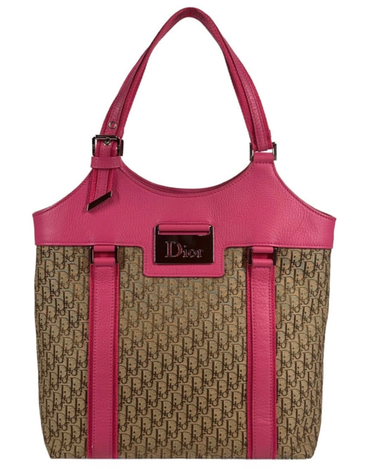 Dior Vintage Diorissimo Brown Monogram Canvas Street Chic Pink Leather Trim Shoulder Bag