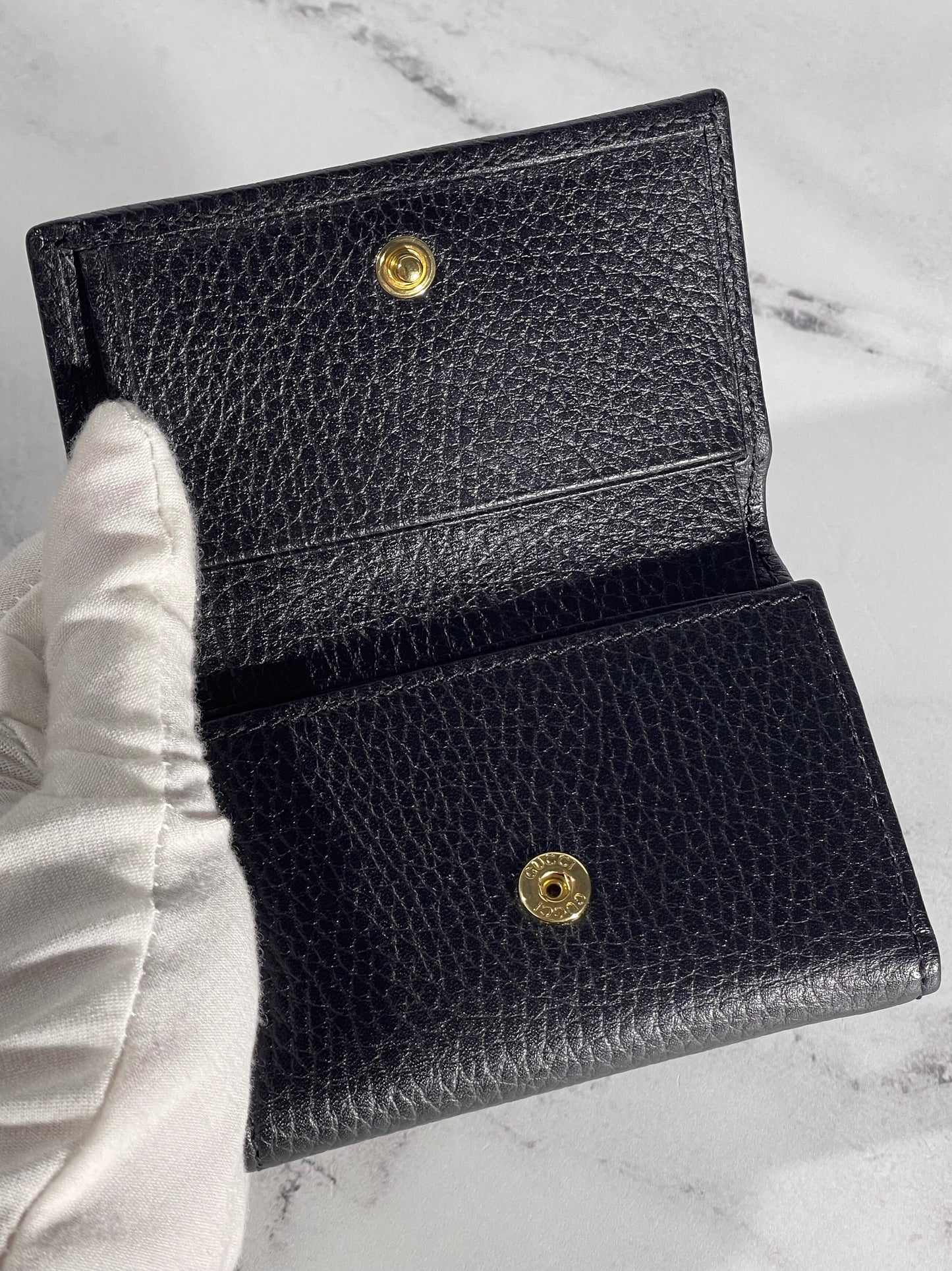 Gucci Black Dollar Calfskin Petite Medium Marmont Trifold Card Case Wallet