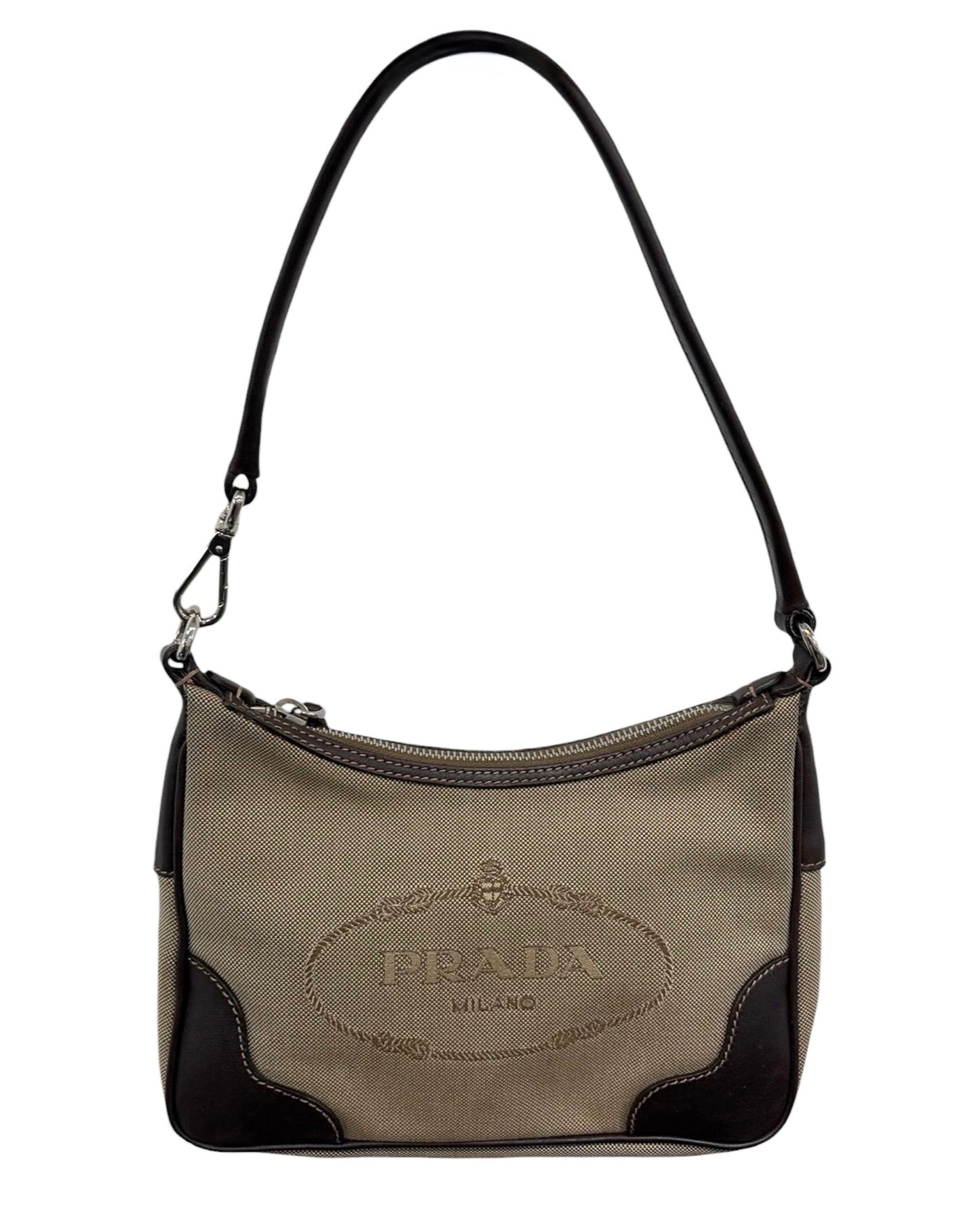Prada Vintage Brown Jacquard Canapa Canvas Square Shoulder Pochette Bag