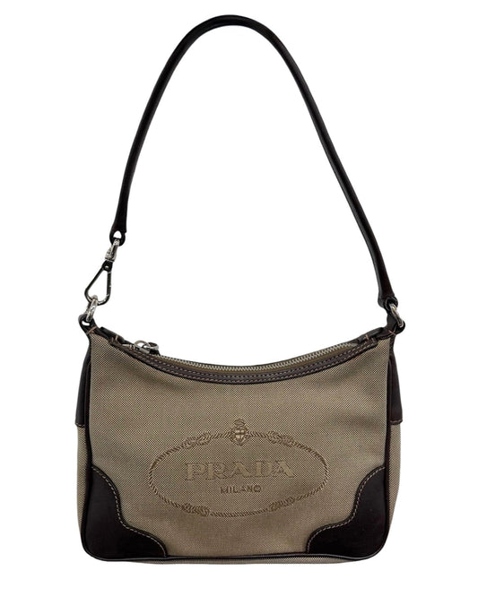 Prada Vintage Brown Jacquard Canapa Canvas Square Shoulder Pochette Bag