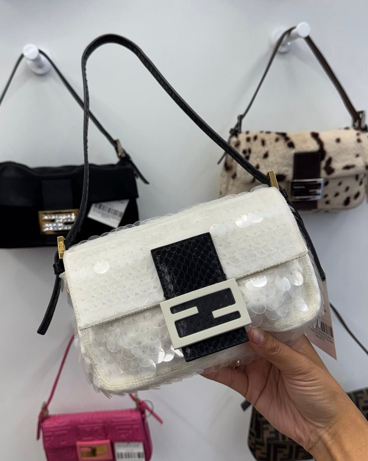 Fendi White Sequin Beaded Re-Edition Mini Shoulder Baguette Bag with Black Python Trim