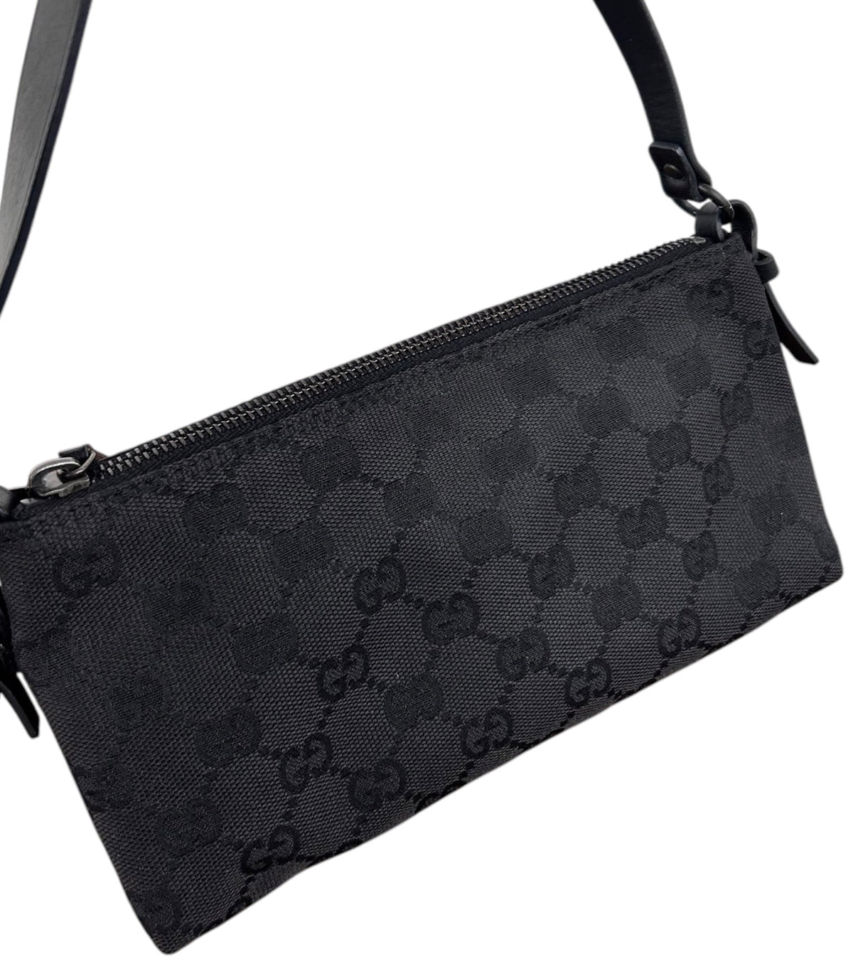 Gucci Vintage Black GG Monogram Pochette Bag with Leather Trim
