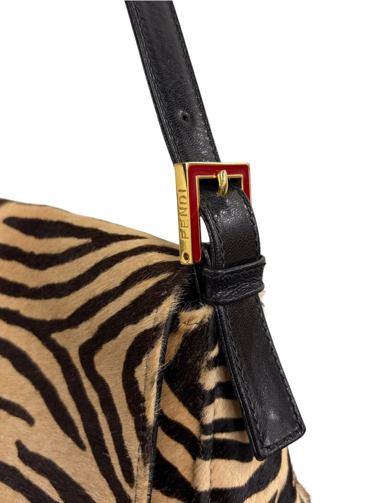 Fendi Vintage Beige Zebra Print Pony Hair Mamma Baguette Shoulder Bag with Red Enamel Trim