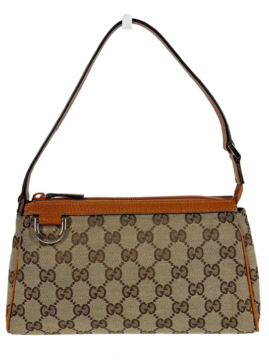 Gucci Vintage Brown GG Monogram Orange Leather Trim Abbey Pochette