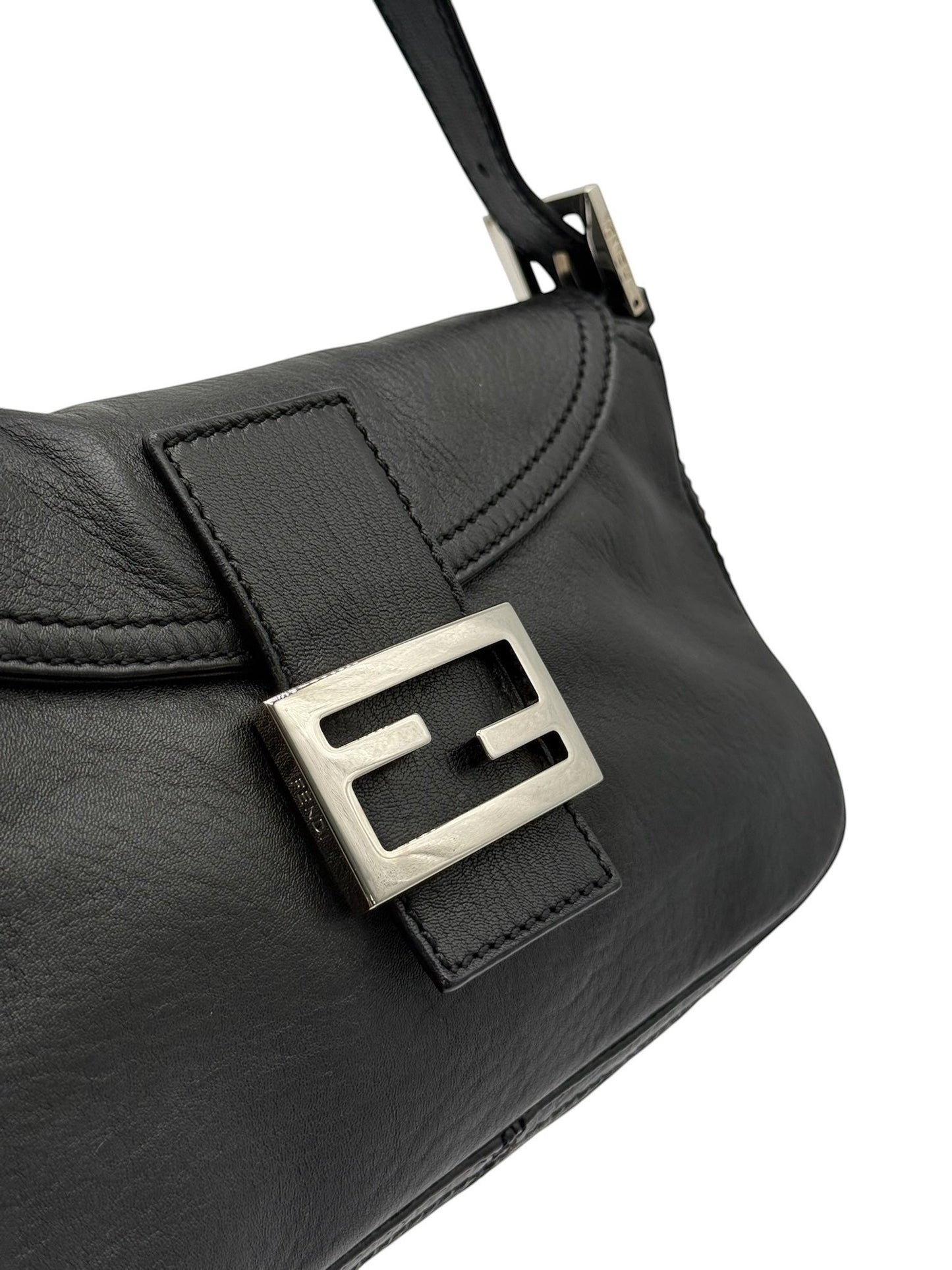 Fendi Vintage Black Selleria Leather Double Flap Shoulder Baguette Bag