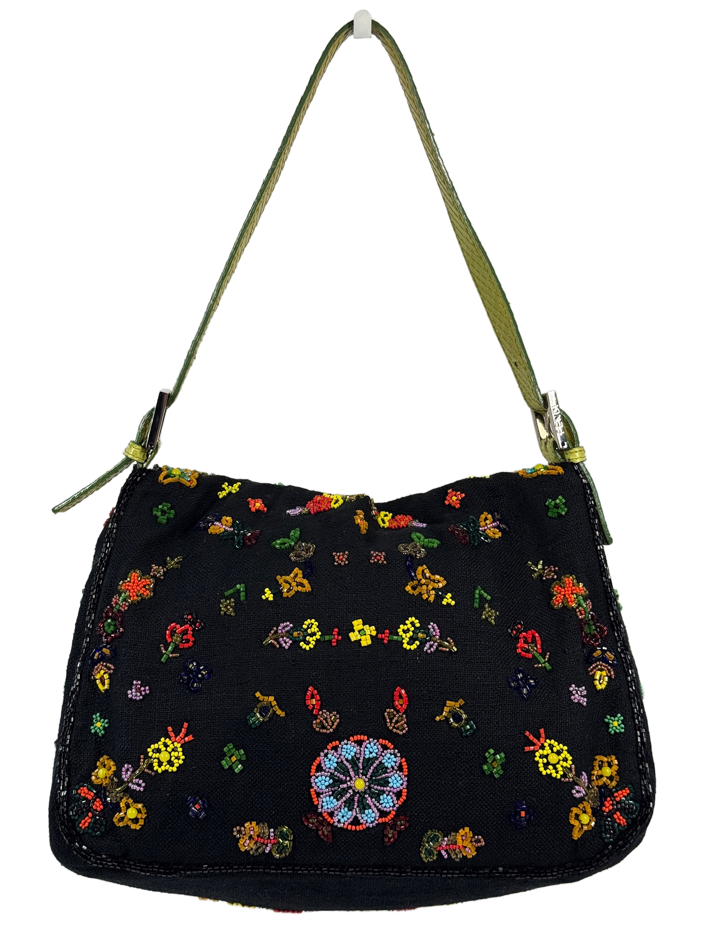 Fendi Vintage Black Knit Floral Beaded Embroidered Mamma Baguette Shoulder Bag w Green Lizard Trim