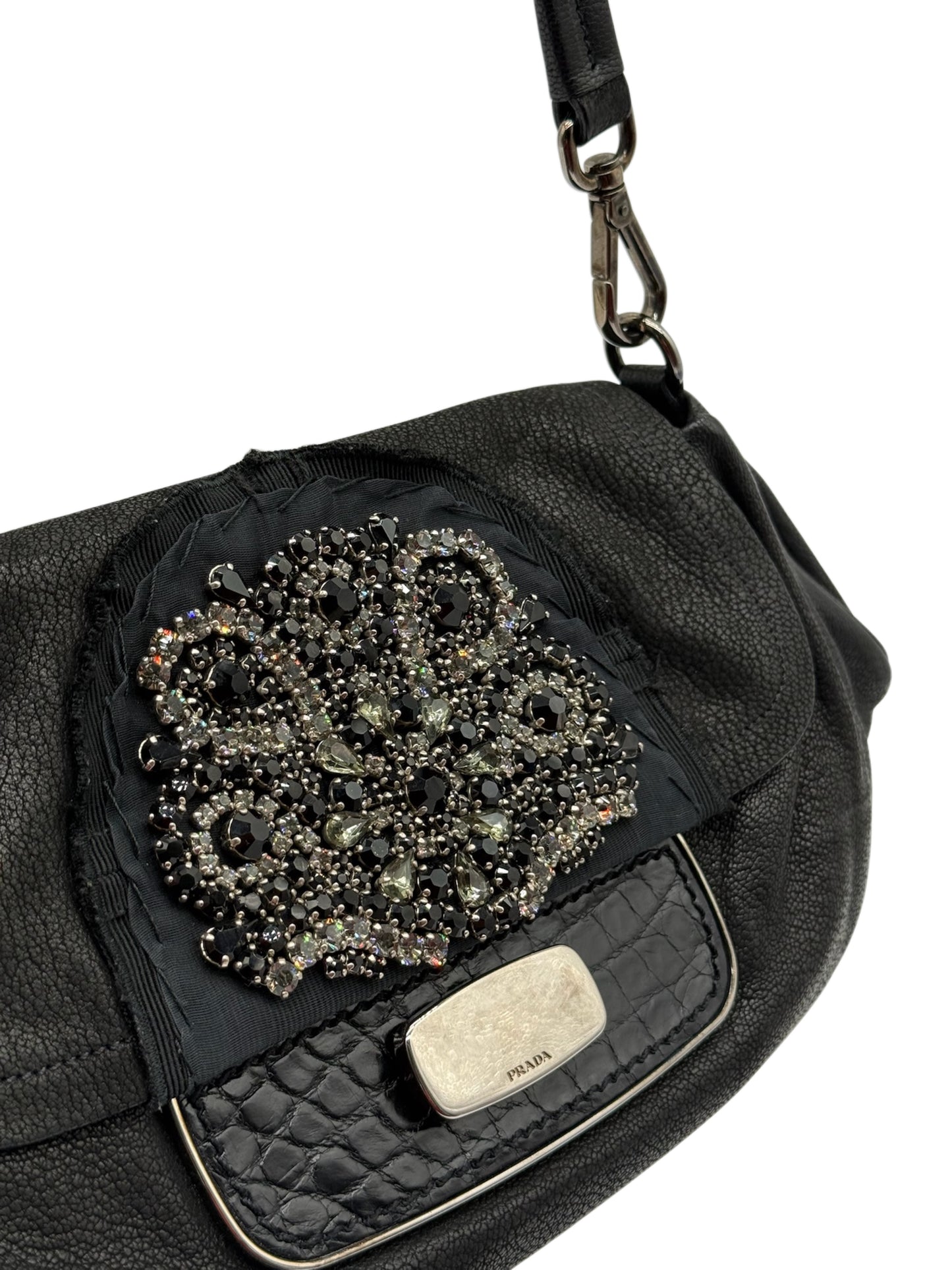 Prada Vintage Black Leather Croc Embellished Small Shoulder Pochette Bag