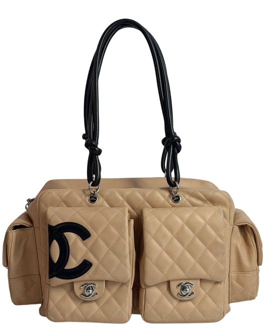 Chanel Vintage 00s Beige Quilted Lambskin Black CC Cambon Large Reporter Shoulder Bag