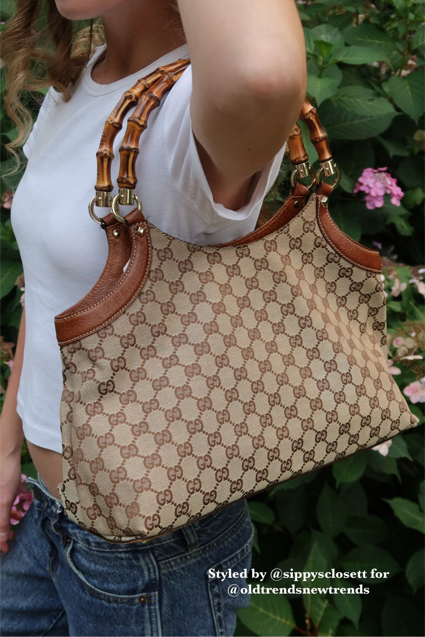 Gucci Vintage Brown GG Monogram Medium Bamboo Handle Shoulder Bag