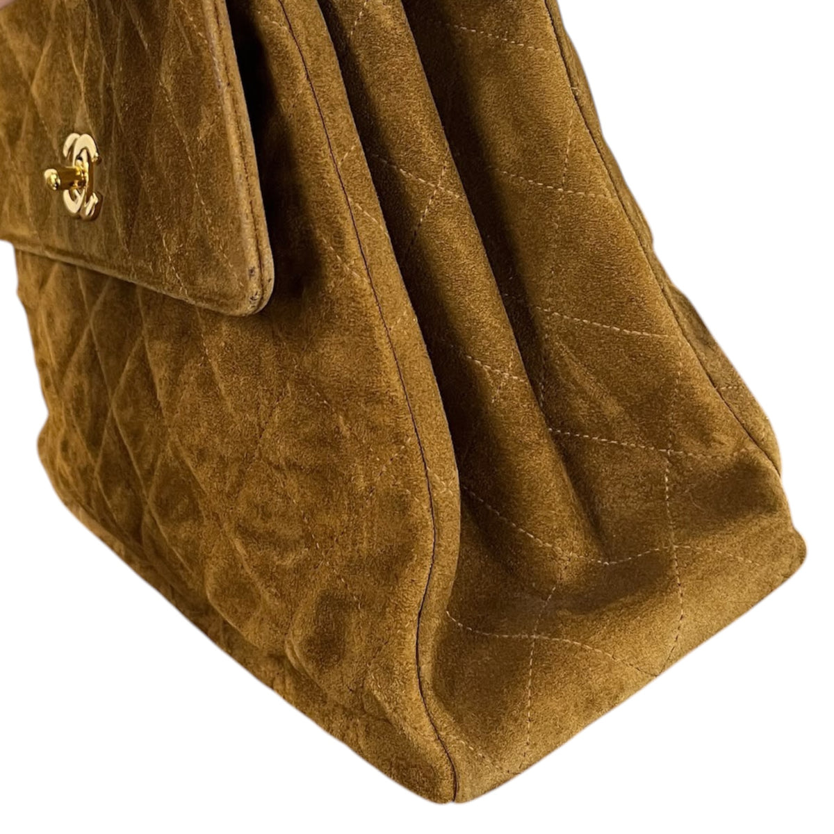 Chanel Vintage 90s Light Brown Quilted Suede Medium Kelly Shoulder Bag with 24K