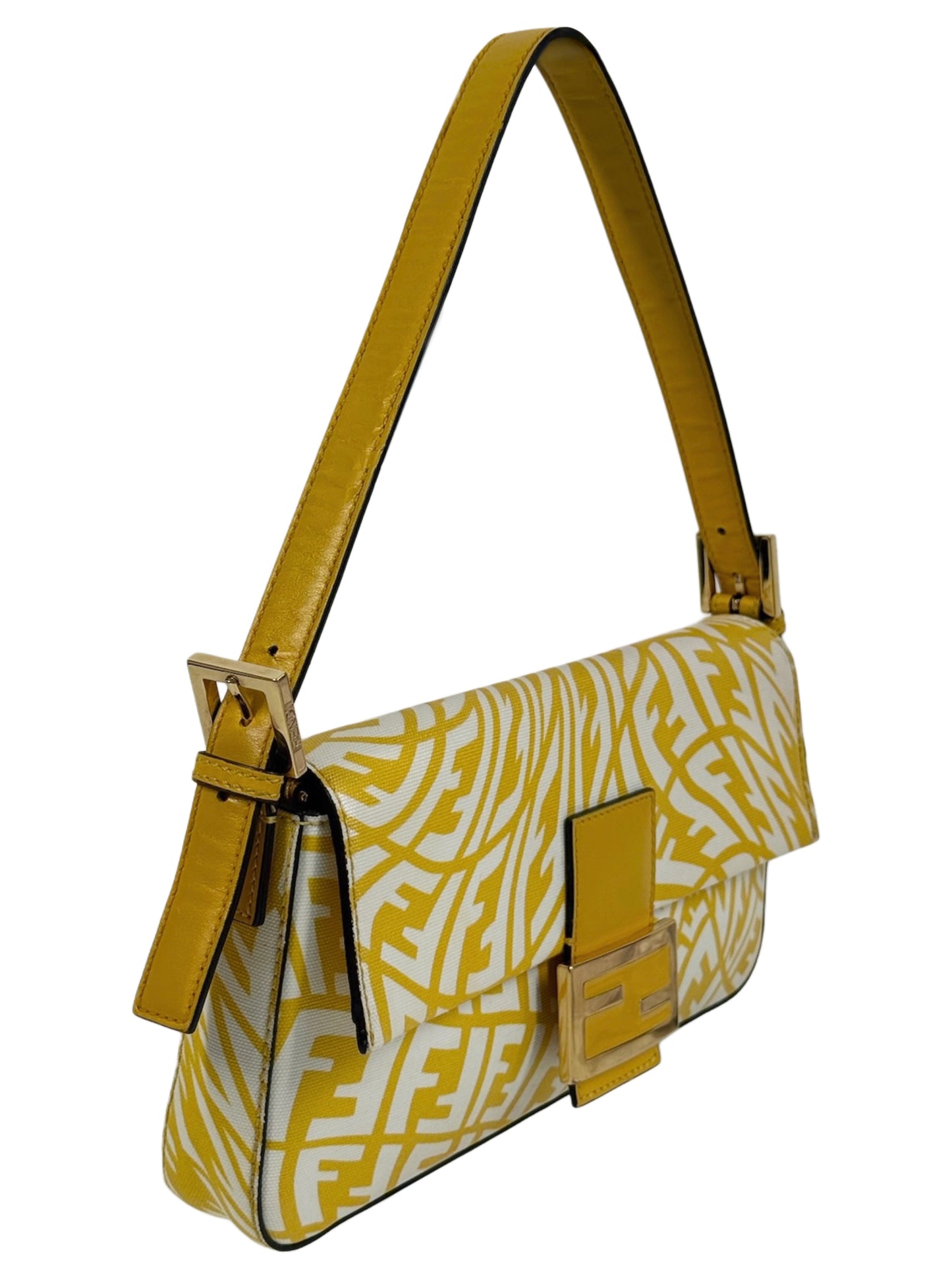 Fendi Yellow Logo Coated Canvas Shoulder Baguette Bag