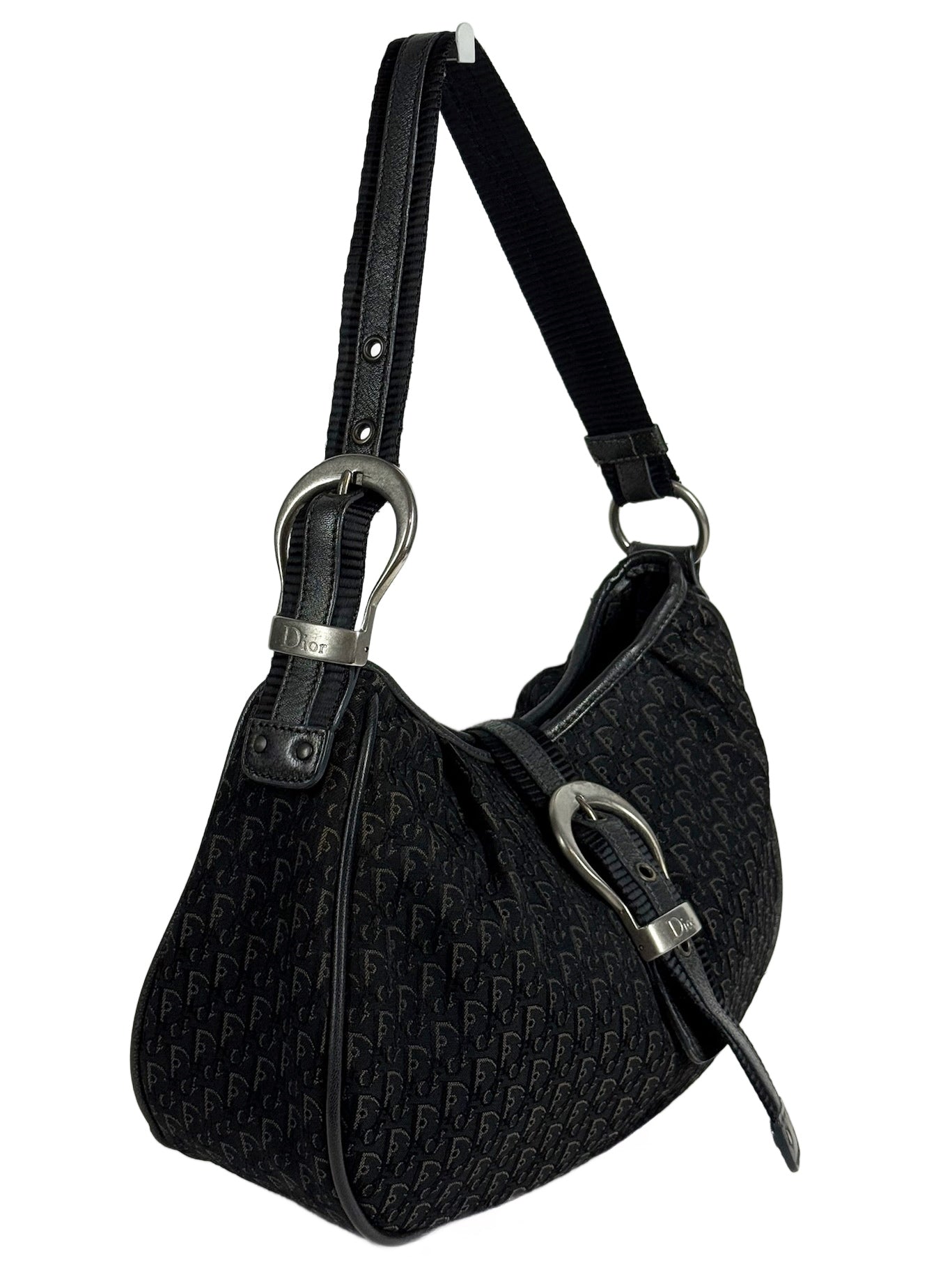 Dior Vintage Black Trotter Monogram Saddle Buckle Small Hobo Shoulder Bag