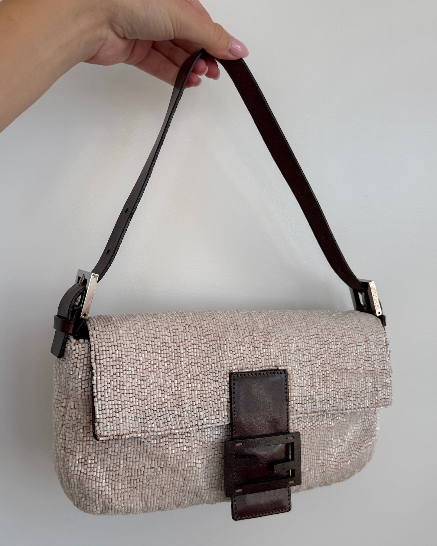 Fendi Vintage Light Pink Beaded Shoulder Baguette Bag 