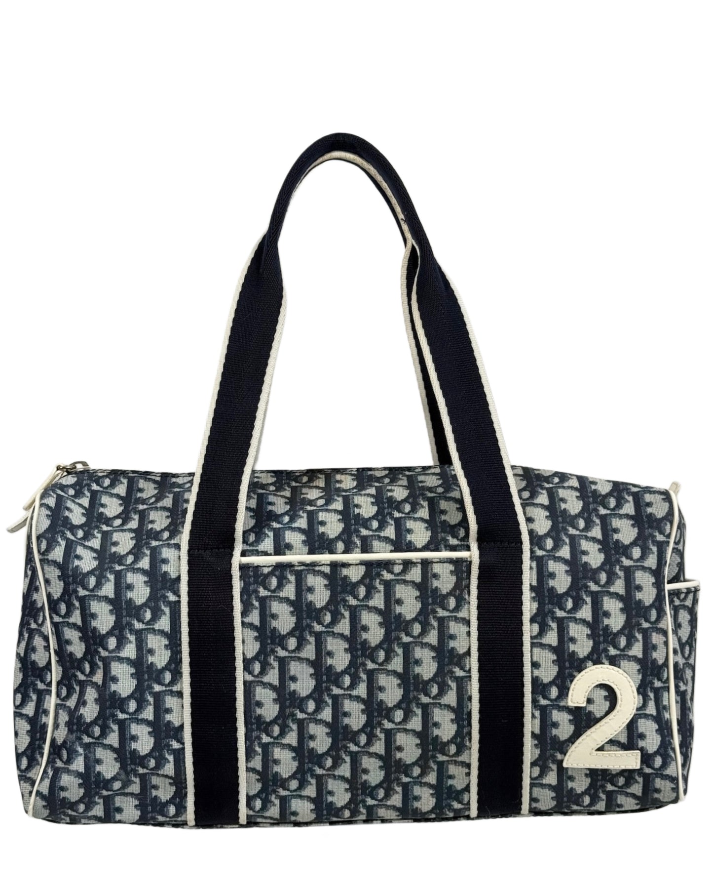 Dior Vintage 2001 Blue Trotter Monogram White Patent Trim Small Boston Shoulder Duffle Bag