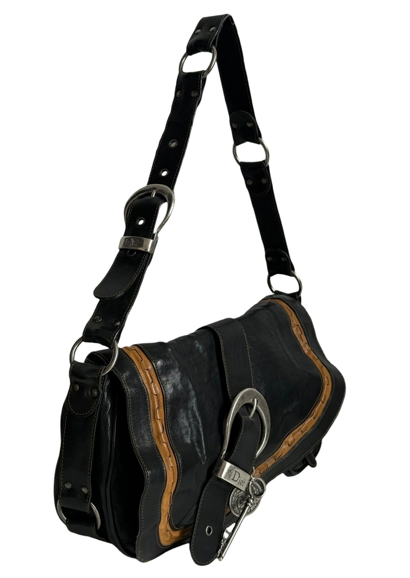 Dior by John Galliano Vintage 2006 Black & Brown Leather Small Gaucho Shoulder Saddle Messenger Bag