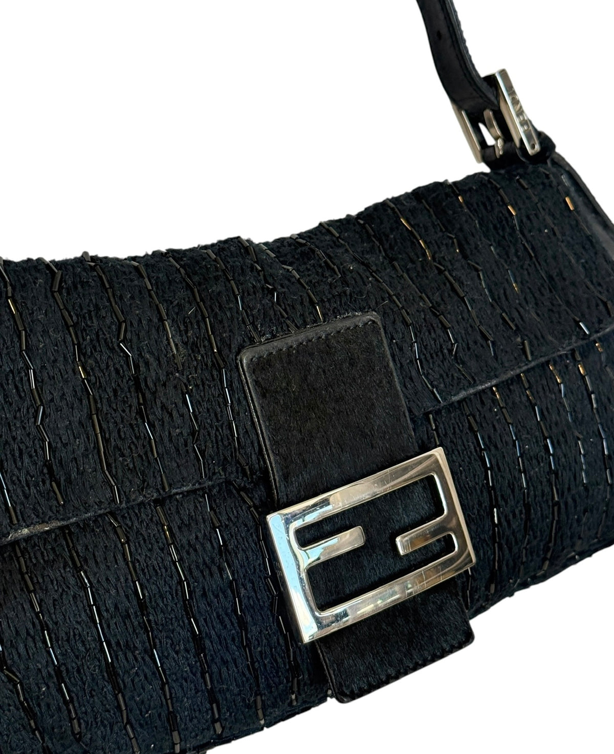 Fendi Vintage Black Knit Striped Beaded Embroidered Shoulder Baguette Bag with Pony Hair Trim