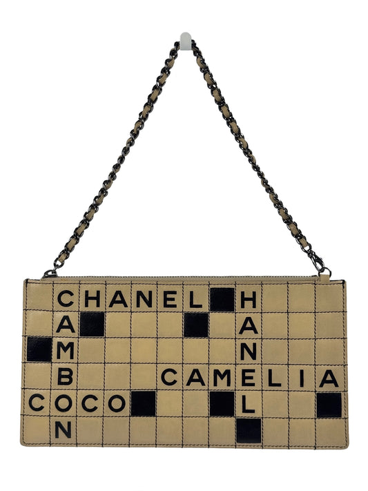 Chanel Vintage 2004 Beige Lambskin Crossword Puzzle Pochette Bag