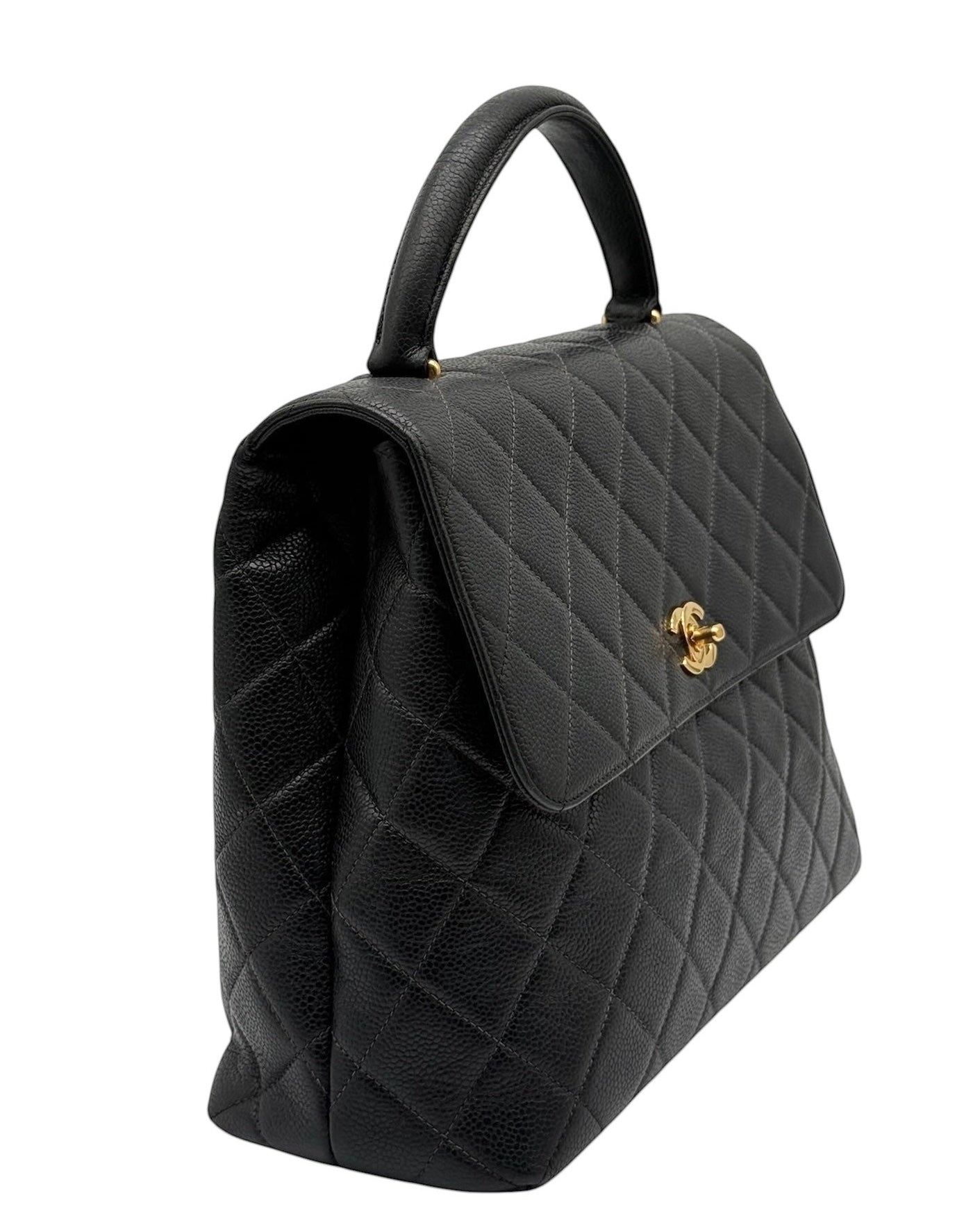 Chanel Vintage 90s Black Quilted Caviar Large Kelly Top Handle Flap Bag