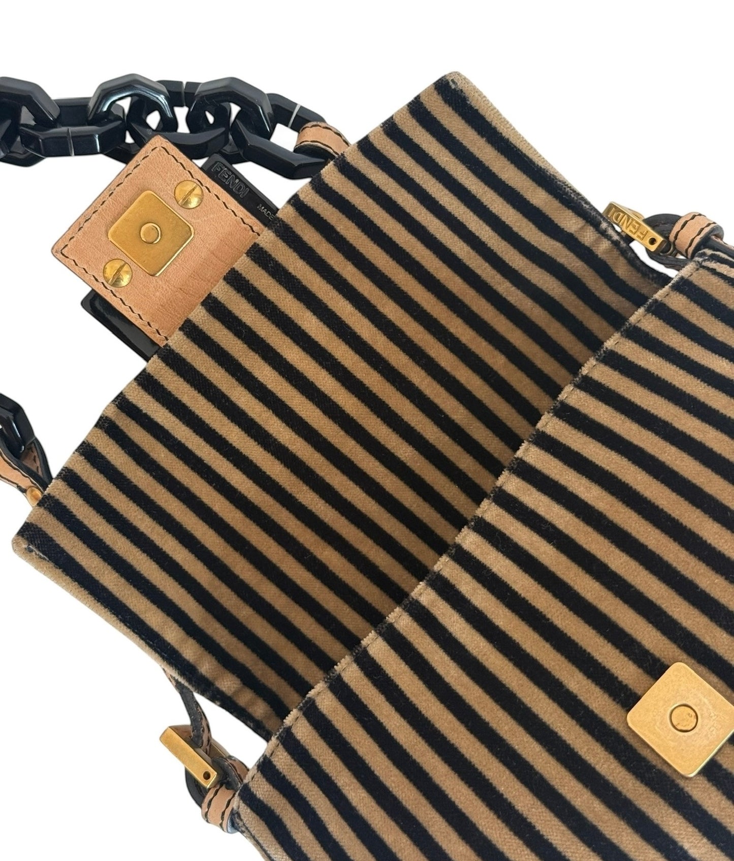 Fendi Vintage Velour Velvet Beige & Black Striped Chain Link Mini Mamma Shoulder Baguette Bag 