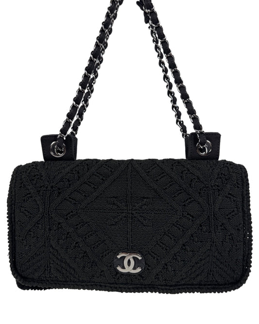 Chanel Vintage 00s Black Woven Crochet Knit Single Flap Shoulder & Crossbody Bag