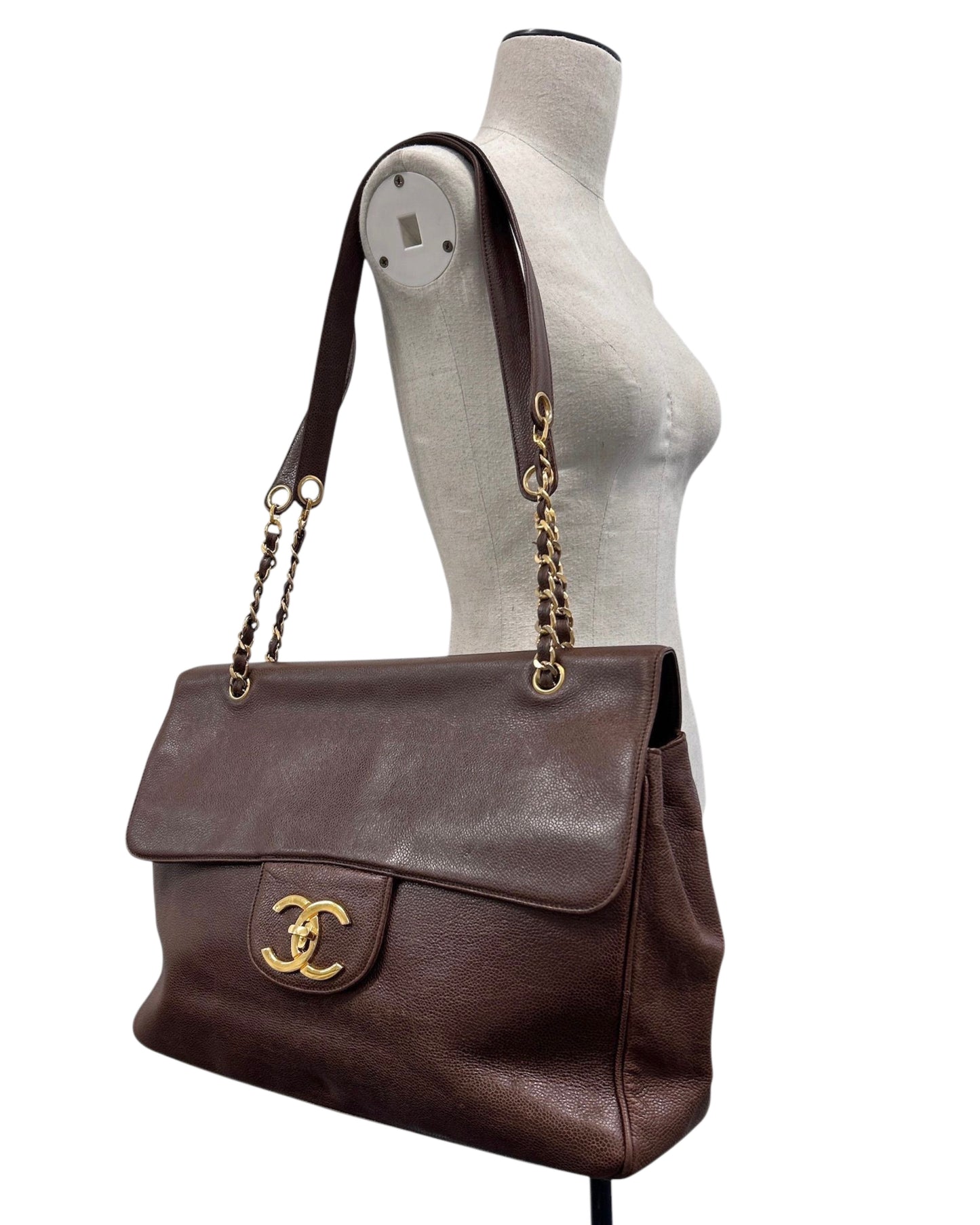 Chanel Vintage 1995 Dark Brown Caviar Leather Double Sided CC Turnlock XL Shoulder Tote Bag