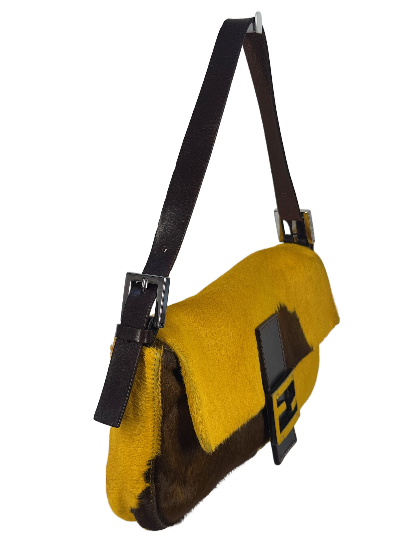 Fendi Vintage Yellow & Brown Cow Print Pony Hair Shoulder Baguette Bag