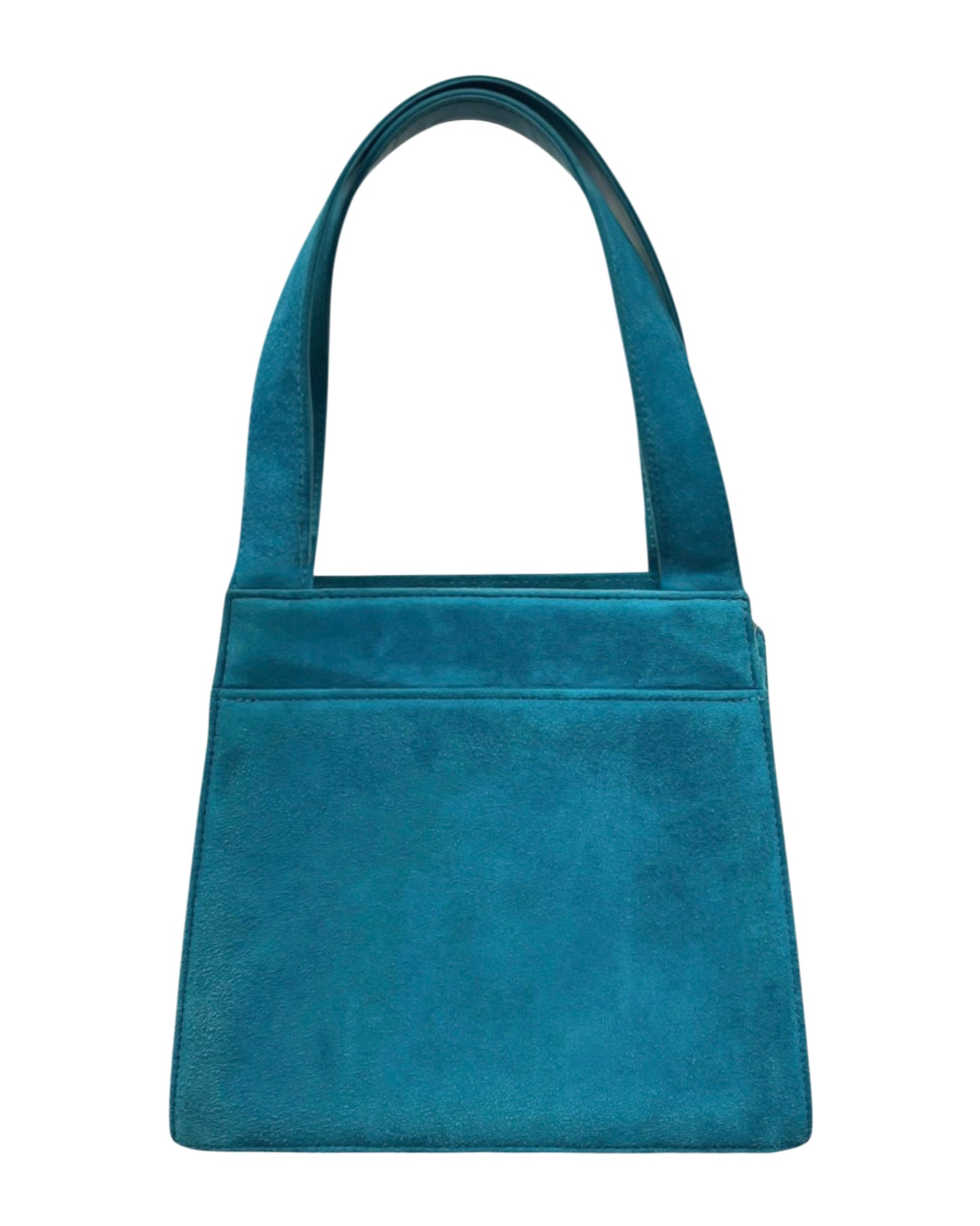 Chanel Vintage 90s Turquoise Blue Suede Logo Small Kelly Top Handle Bag 