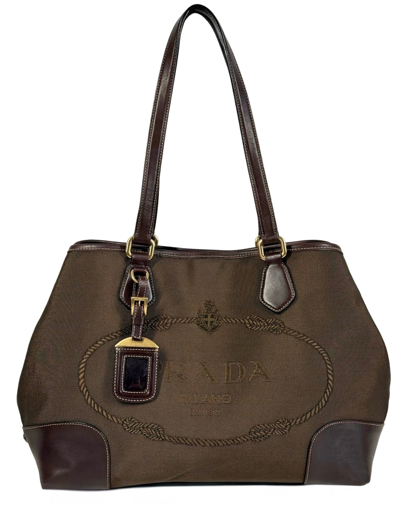 Prada Vintage Brown Jacquard Canapa Canvas Medium Shoulder Tote Bag