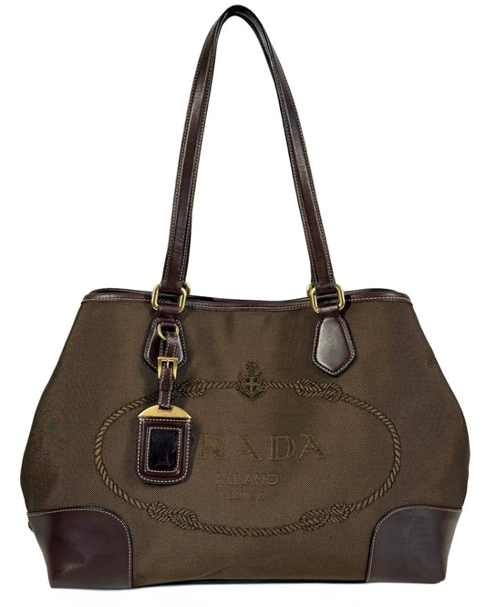 Prada Vintage Brown Jacquard Canapa Canvas Medium Shoulder Tote Bag