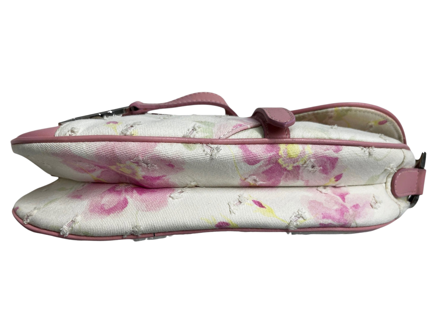 Dior Vintage 2003 White Distressed Pink Floral Canvas Leather Trim Medium Saddle Shoulder Bag