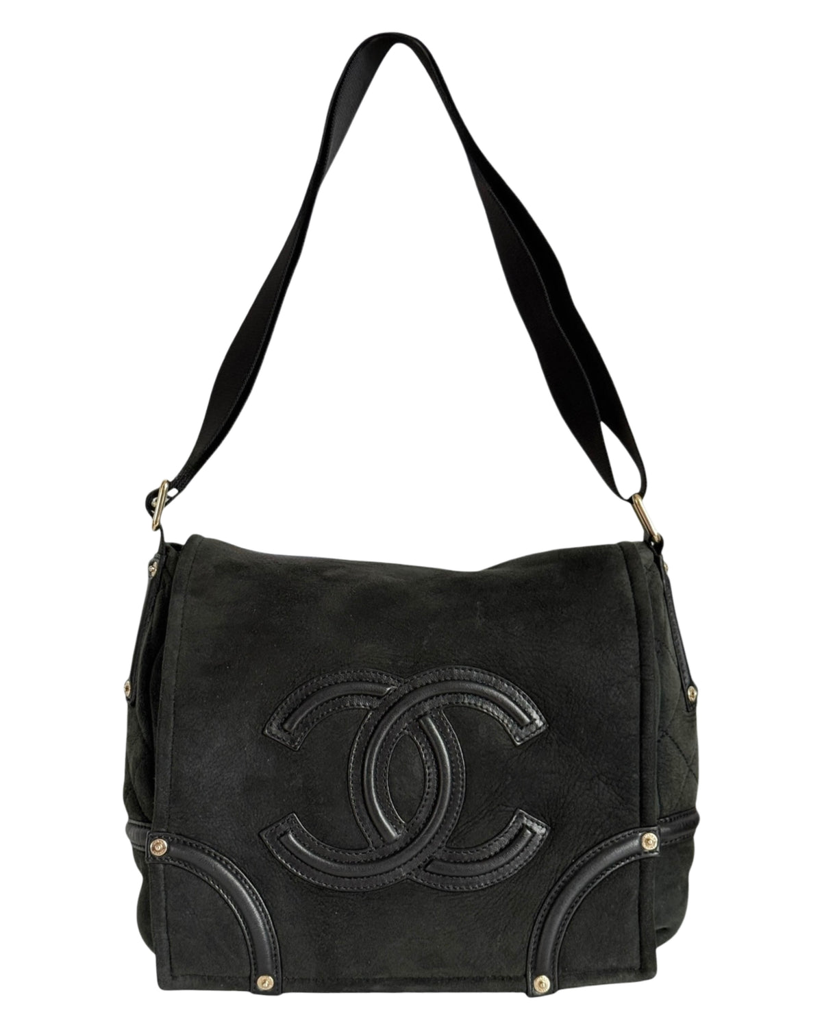 Chanel Vintage Black Micro Suede Shearling Trim CC Logo Small Shoulder Messenger Bag