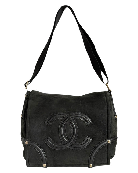 Chanel Vintage Black Micro Suede Shearling Trim CC Logo Small Shoulder Messenger Bag