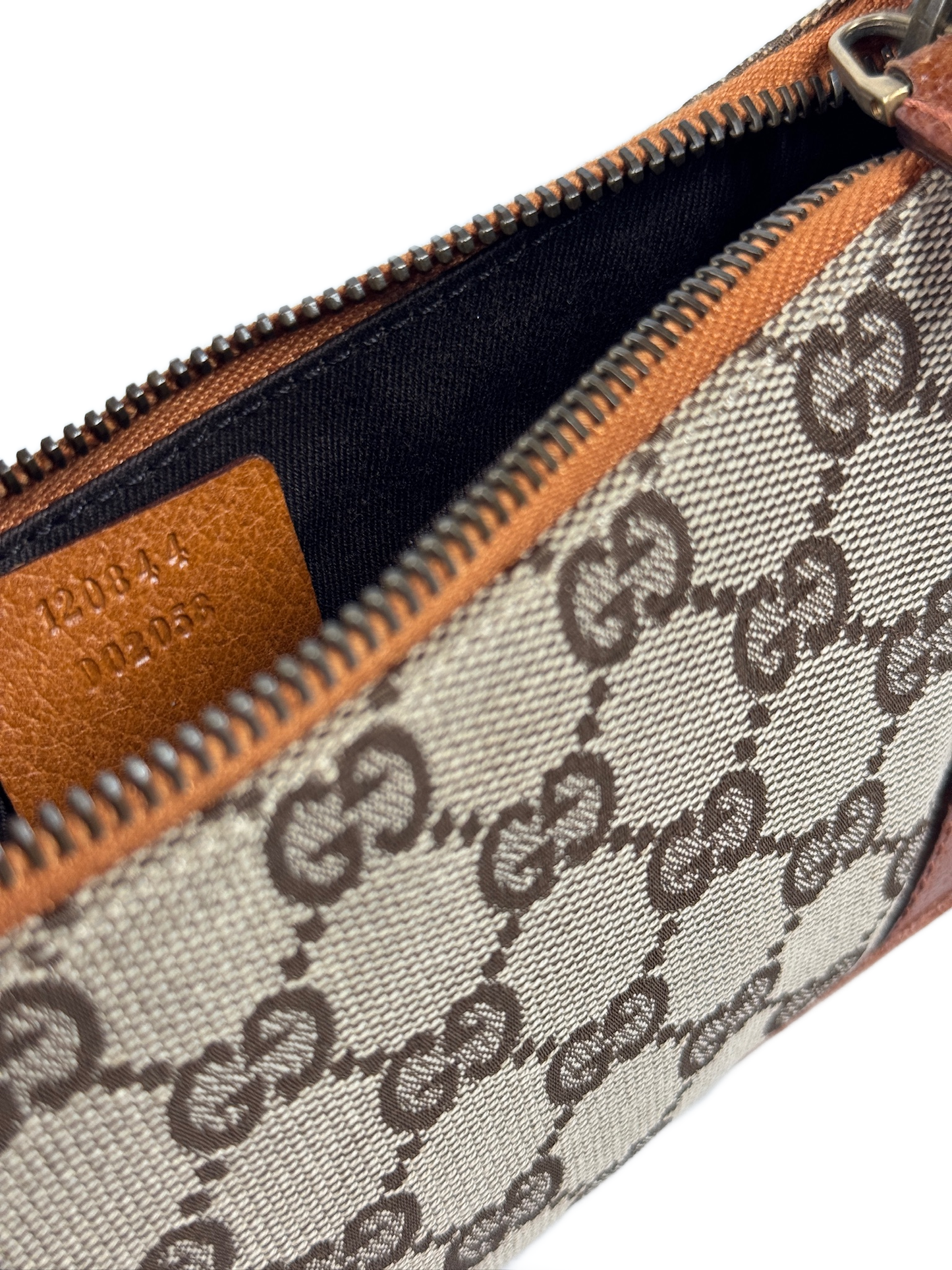 Gucci Vintage Brown GG Monogram Canvas Orange Leather Trim Chain Link Studded Shoulder Pochette Bag