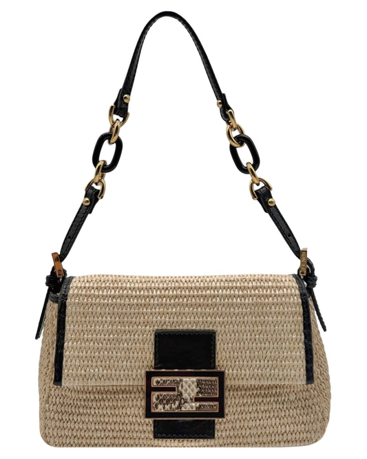 Fendi Vintage Beige Raffia Black Snakeskin Patent Leather Trim Mini Mamma Baguette Shoulder Bag