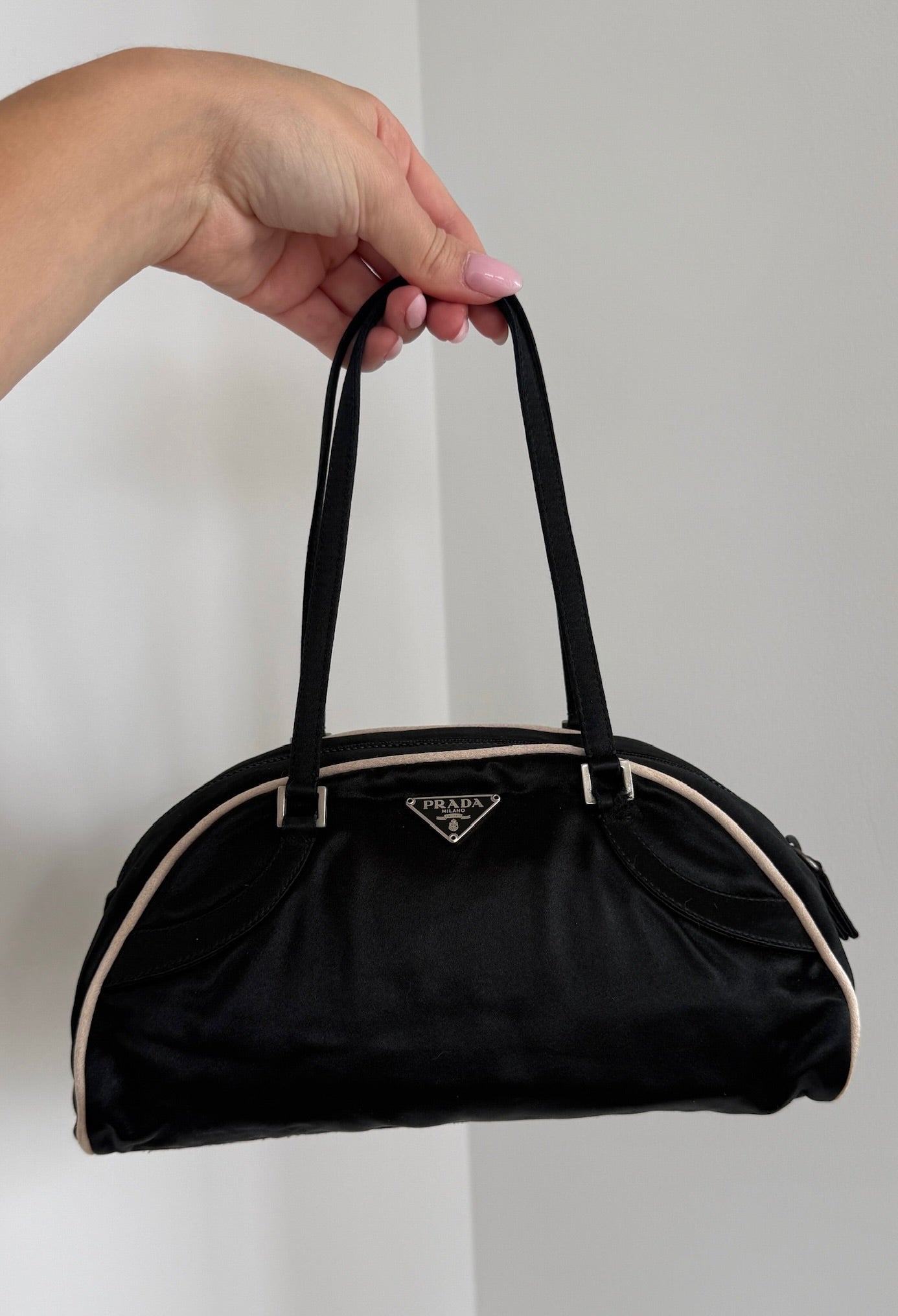 Prada Vintage Black Satin White Trim Mini Bowler Shoulder Pochette Bag