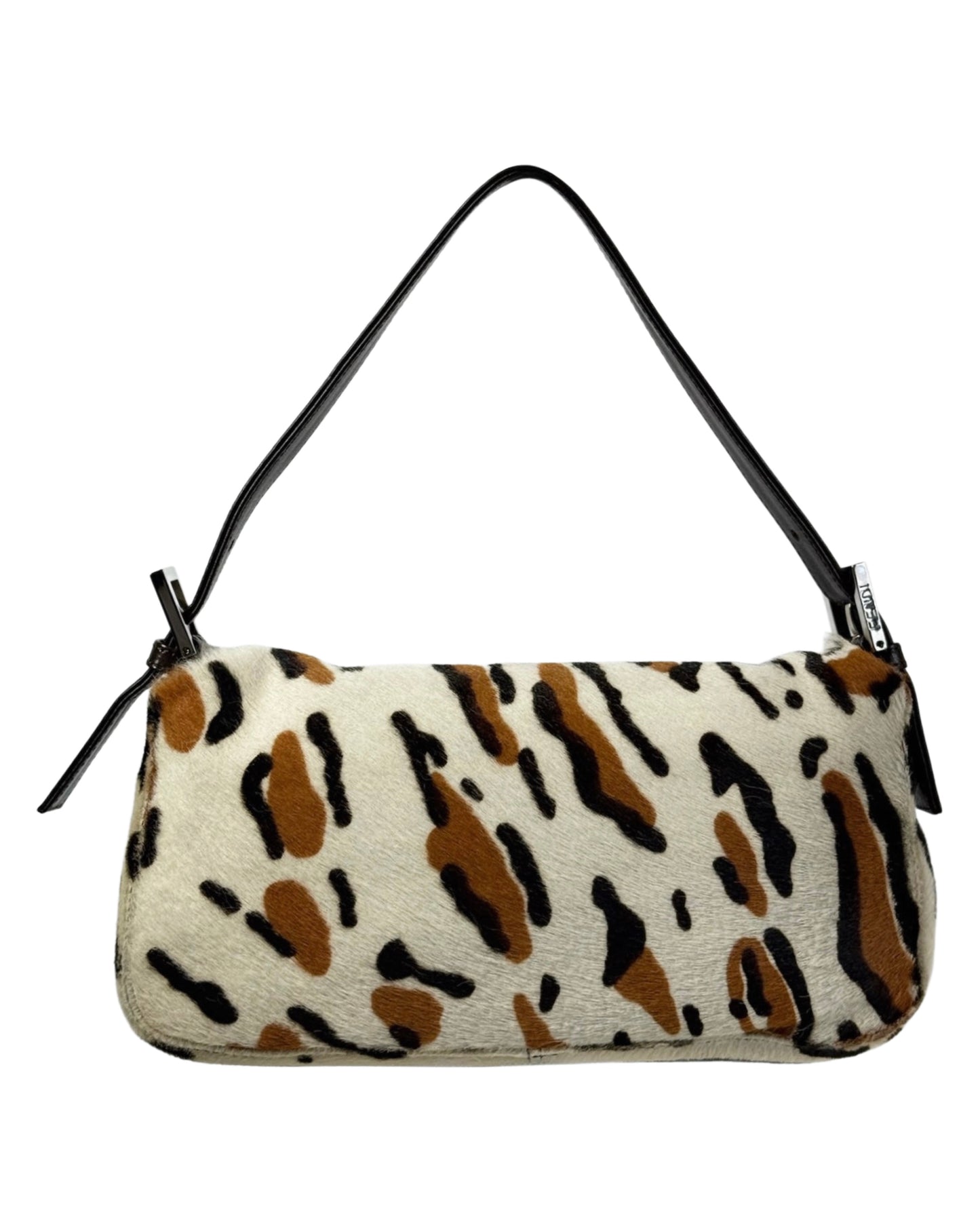 Fendi Vintage White & Brown Leopard Print Pony Hair Shoulder Baguette Bag