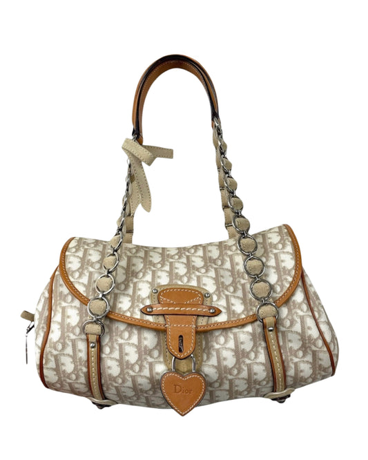 Dior Vintage 2006 Beige Monogram Canvas Romantique Heart Charm Medium Pochette Shoulder Bag