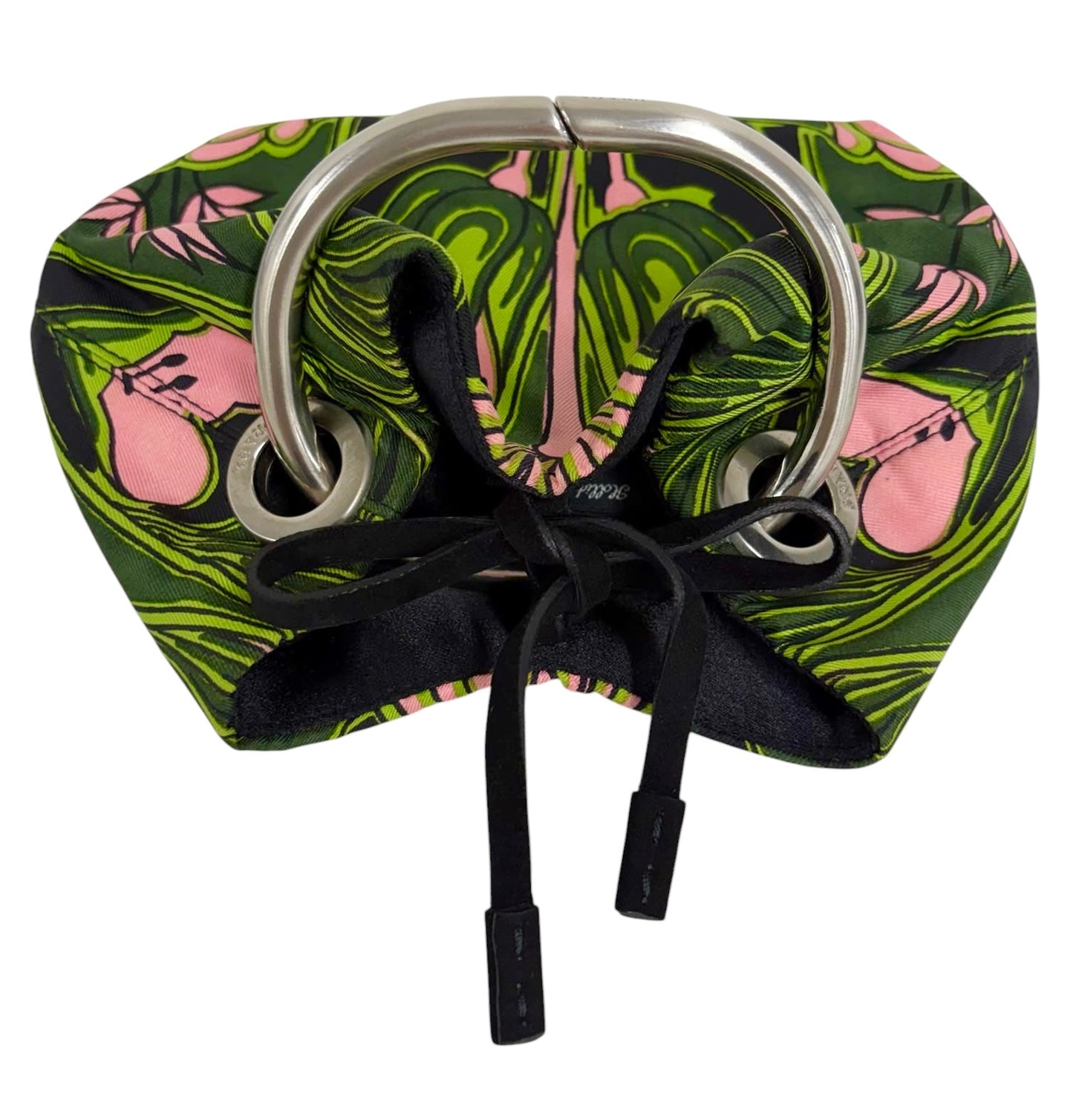 Prada Vintage Holliday & Brown London Green and Pink Twill Floral Tulipano Metal Top Handle Mini Bracelet Bag