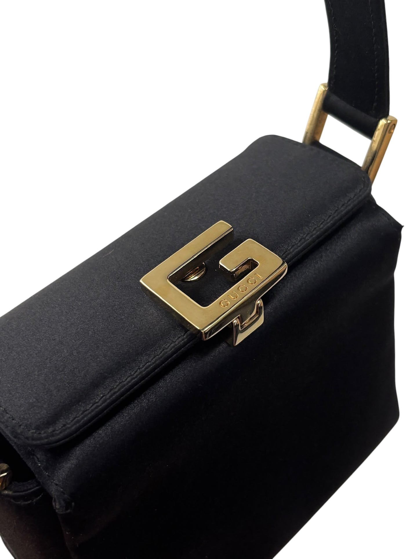 Gucci Vintage 90s Black Satin Gold Logo Mini Bento Box Evening Bag